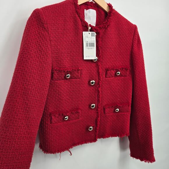 NWT Mango S Red Wintour Tweed Jacket Button Down Collarless Knit Long Sleeve - Picture 6 of 11